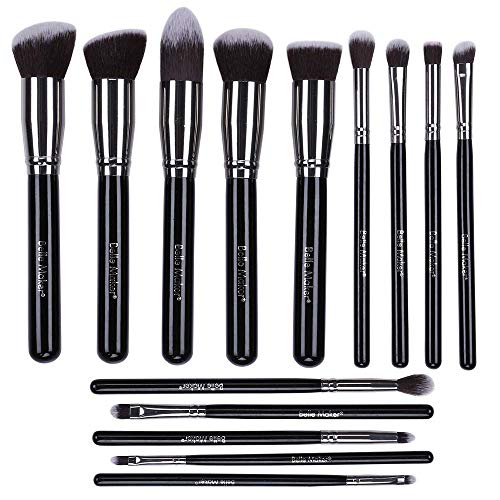 Belle Maker 14pc Makeup brush set, Start-To-Finish collection for all coverage with professional synthetic bristle within Blending, Contour, Highlight, Smudge, Buffing beauty tools. (Deluxe Black)