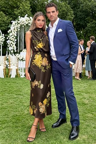 Image of Women's Satin Maxi Dress Summer Formal Wedding Guest Cocktail Dress | Mock Neck Sleeveless,Elegant Silk Midi Long Dress,High Neck,Halter,Aline,Bridesmaid,Bridal Shower Guest,Garden Party,Dinner
