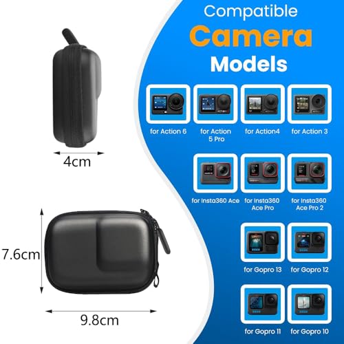 Image of Obtheleg Action Camera Case for OSMO Action 6 /5 Pro /4 /3, Waterproof PU Portable Carrying Case with Carabiner, Hard Shell Shockproof Protective Storage Bag for Action Camera Accessories