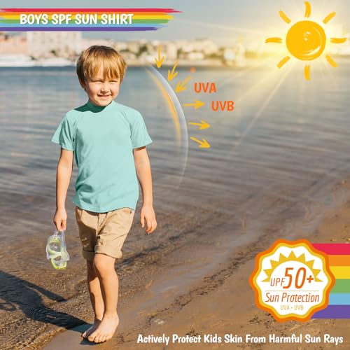 Boys Swim Shirts Rash Guard Short Sleeve Fishing Water Shirts UPF 50+ Sun Protection Rashguard Quick Dry Cool Beach Swimming Clothes for Toddler Youth Kids Lake Blue 5T2