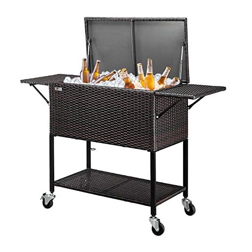VINGLI 80 Quart Rattan Rolling Cart, Portable Wicker Cooler Trolley, Beverage Bar for Patio Pool Party, Ice Chest with Shelf,Mix Brown