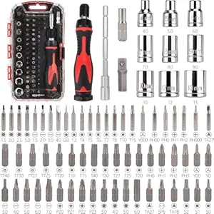 amazon basics 73-Piece Magnetic Ratchet Wrench And Screwdriver Set, 8 X 4.6 X 1.3 Inch, Multicolor