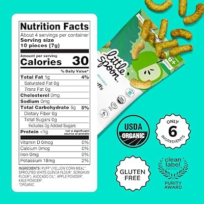 Little Spoon Kale Apple Meltable Baby Puffs, Organic Corn Quinoa Sorghum, No Rice, No Added Sugar Snacks, Encourages Self-Feeding, 1 Oz Bag, 4 Pack