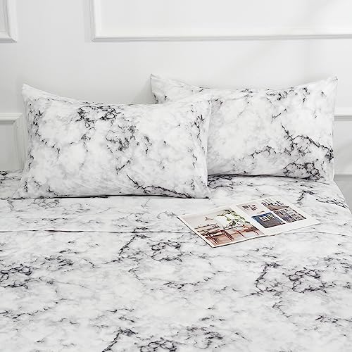 Image of Best Season Bed Sheet Set 4 Pieces -Queen Size-Soft Durable Microfiber Bedding Sheet Set,Deep Pocket,Stain,Fade & Wrinkle Resistant(White Marble)