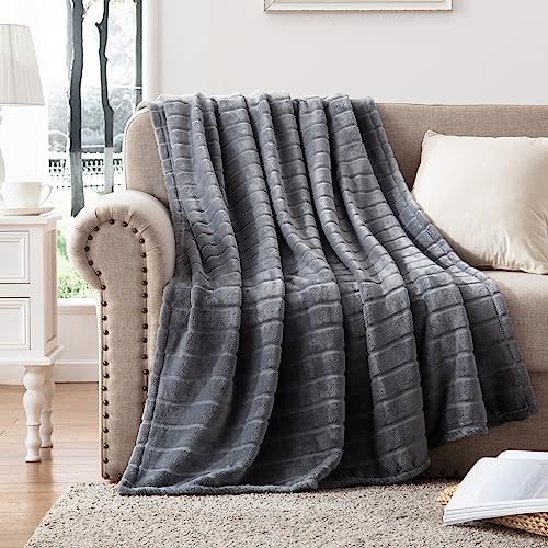 Bertte Decorative Stripe Lightweight Fleece Cozy Sofa Bed Seasons Throw 330 Gsm Soft Plush Fuzzy Warm Fluffy Blanket, 50"X 60", Dark Grey #TOP5