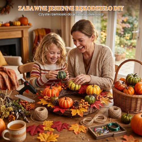 HAKACC Zestaw sztucznych dyni i liści klonu, 7 różnych dyni z 30 liśćmi, dekoracja na imprezę z okazji Święta Dziękczynienia Halloween