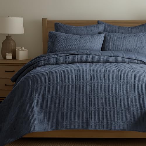 Levtex Home Cloud Waffle King/Cal King Quilt Set (106x92in) and 2 Pillow Shams (36x20in) - Box Quilted Waffle Cotton Texture - Navy - Cotton King Size Quilt Bedding Set - Lightweight Soft Pre-Washed - Thumbnail 5