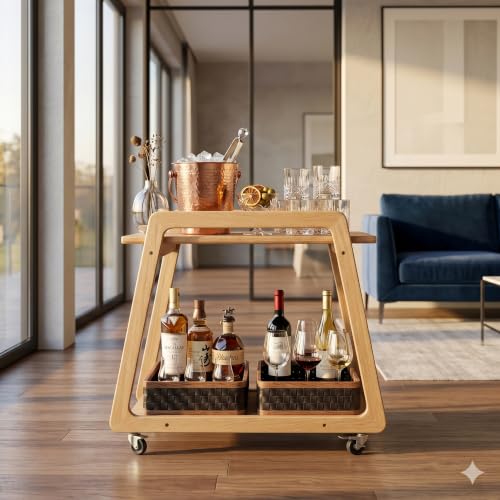 Image of Premium Solid Wood Multipurpose Kitchen Trolley & Serving Cart with Wheels | Portable Side Table for Living Room & Office | Stylish Wooden Furniture with Smooth Rolling Casters-Natural