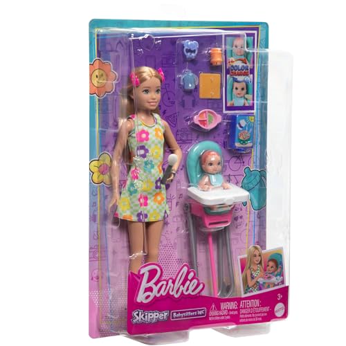 Barbie Skipper-Puppe und Spielset mit Accessoires, Babysitting-Set zum Thema Essen, Spielzeug mit Farbwechseleffekt, HTK35