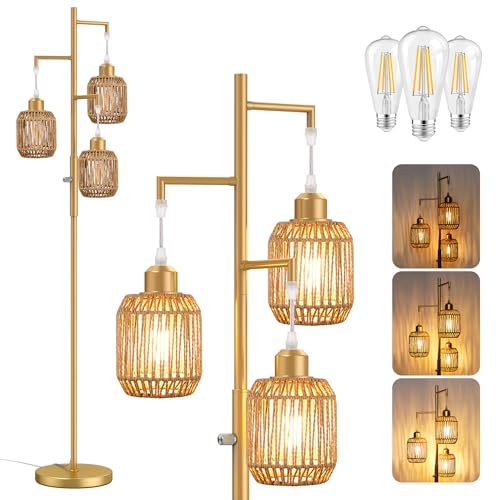 ROTTOGOON Dimmable Boho Floor Lamp - 3 Light Farmhouse Rattan Floor Lamp for Living Room, Industrial Tree Floor Lamps with 3 X 6W LED Bulbs, Rustic Standing Tall Lamp for Bedroom, 68", Gold