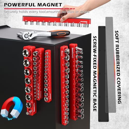 6-Piece 1/4" 3/8" 1/2"-Driver Metric Magnetic Socket Organizer Set (Holds 75 Sockets) - Detachable Tool Tray with 5mm Magnetic Base for Garage/Home(Sockets Not Included)