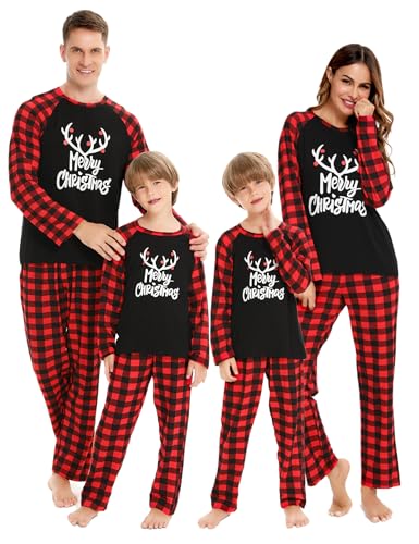 SWOMOG Family Matching Christmas Pajamas Sets Men/Women/Kids Plaid Pants Loungewear and Printed Long Sleeve Pjs Women A-Letter Deer Large
