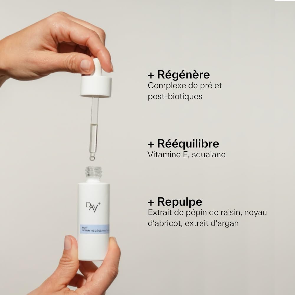 DAY+ | Sérum Nuit Régénérant Intense | Sérum Visage Nuit | Nourrit & Repulpe en profondeur, Rééquilibre la peau, Répare & Régénère | Pré & Post-biotiques | 100% d’ingrédients naturels | Flacon 30 ml