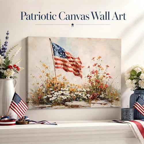 Image of 4th of July Framed Canvas Wall Art 12x18in, Vintage Patriotic Prints Pictures, Farmhouse Decor Artwork for Living Room Bedroom Office Bathroom, Made in USA