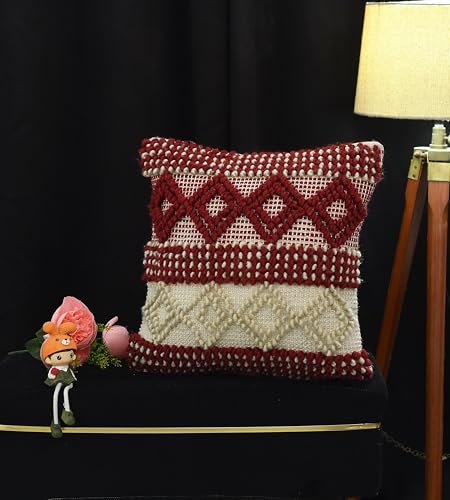 Image of TIB Premium Boho Decorative Throw Cushion Covers, 16 x 16 cm, Set of 2, Cotton. (Maroon & White Diamonds)-230 TC