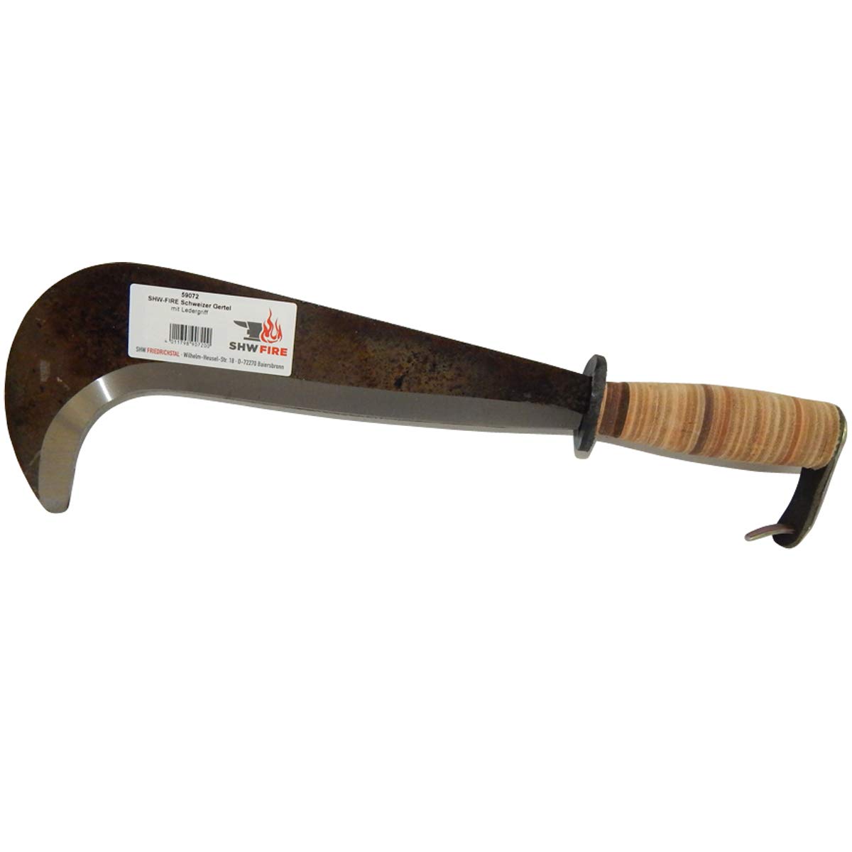 SHW-FIRE Schweizer Gertel Hippe Gertl Gartenmesser Stahl Ledergriff Handschutz 43cm