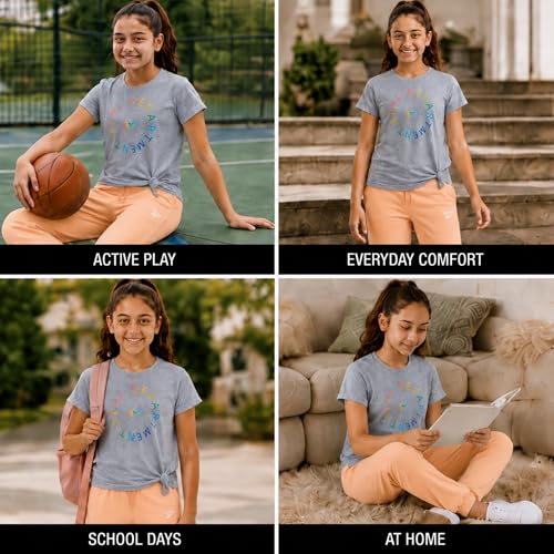 Image of Reebok Girls Sweatpant Set - 3 Piece Athletic Short Sleeve Girls Shirts and Jogger Sweatpants with Pockets - Kids Workout Set