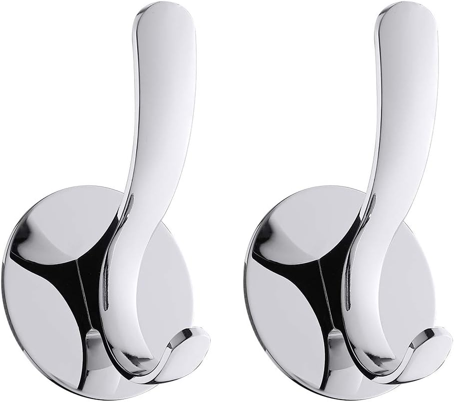 Towel Hooks, Stick on Hooks Heavy Duty, Stainless Steel Adhesive Coat Hooks, No Drill Door Hooks for Bathroom Kitchen, 2 Pack, Silver