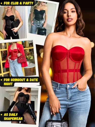 Image of Kaei&Shi Sheer Mesh Overbust Corset,Sexy Strapless Lace Up Satin Bra Corsets Top For Women Shapewear