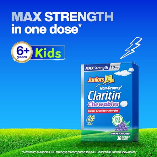 Image of Juniors Claritin Max Strength 10mg Chewables, One Dose for 24-Hour Non-Drowsy Allergy Relief, Children's Allergy Medicine, Kids Chewable Allergy Medicine, Ages 6+, Grape Flavored, Dye-free, 30 Tablets
