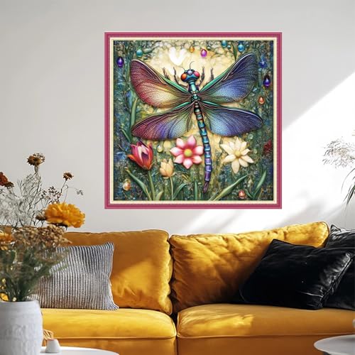 Image of Fanxvivy Stamped Cross Stitch Kits for Beginners Full Range of Cross Stitching Preprinted Embroidery Kits for Adults, 11CT Embroidery Pattern Needlepoint Kits-Dragonfly Flowers 18x18 inch