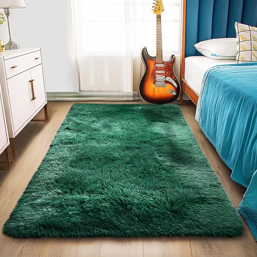 Fluffy Runner Rugs for Bedroom 2x4, Emerald Green Runner for Hallway Non-Slip, Shaggy Fuzzy Bedroom Rug Room Decor