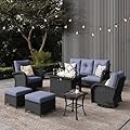 LayinSun 7 Pieces Outdoor Patio Furniture Set with Fire Pit Table, Rattan Wicker Sectional Swivel Rocker Chairs Sets