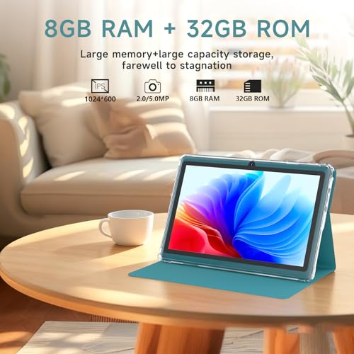 Image of 7 inch Android 14 Tablet, 7'' HD IPS Touchscreent, Quad-Core, 8GB (5GB expansion) RAM＆32GB ROM 1TB Expand, 2MP + 5MP Dual Camera, WiFi 6 Bluetooth 3000 mAh Battery Tab Tableta with Case.(Navy blue)