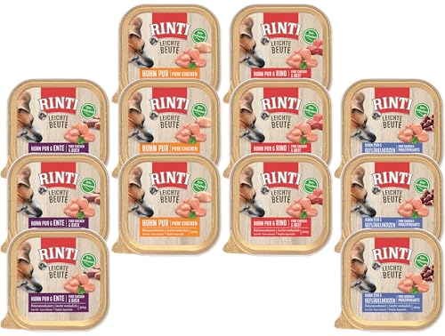 Rinti Leichte Beute Mixpaket | 12 x 300g Schale | 4 Sorten: Huhn, Ente, Geflügelherzen, Rind | Kalorienreduziertes Nassfutter für Hunde | Getreidefrei & fettarm | Leicht verdaulich