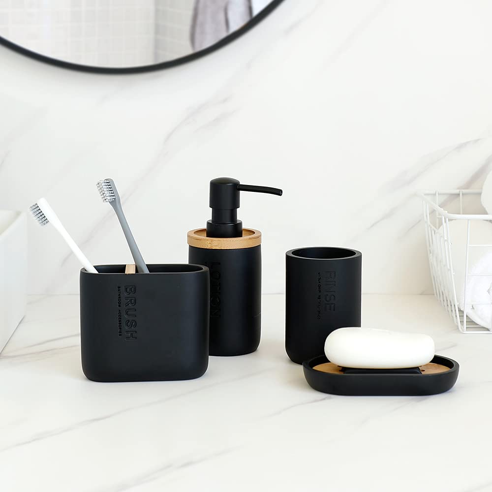 zhanwang - Set con dispenser per sapone in bambù e altri accessori in legno e bambù: portasapone decorativo, bicchiere per lavare i denti e porta spazzolino (nero)