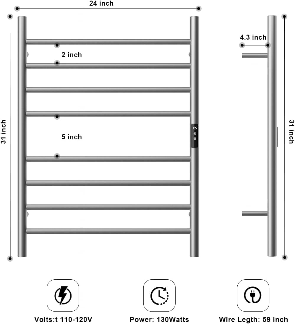 MENATT Stainless Steel Electric Heated Towel Rack with 1-8 Hours Timer, Wall Mounted Towel Warmer Rack for Bathroom,8 Bars Heated Towel Rack Adjustable Temperature (Brushed Nickel)