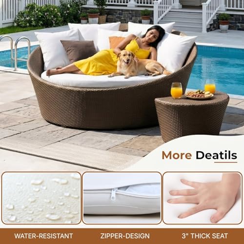 Image of DEVOKO Premium Outdoor Wicker Daybed Set with Table, UV-Resistant HDPE Rattan & Sturdy Metal Frame for Garden, Poolside, Balcony (Dark Brown & Off-White)