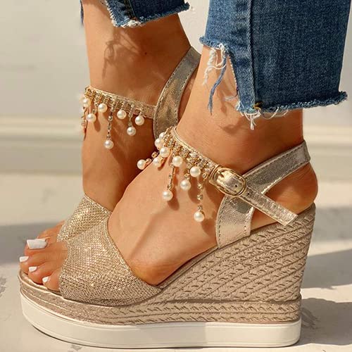 Zbyy Women's Wedge Platform Sandal,Summer Dressy With Pearl Open Toe Platform Sandals Ankle Strap High Heels Sandals #TOP1