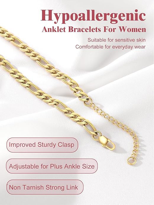 Image of FOCALOOK 14K Gold Plated Anklets for Women Waterproof Plus Size Ankle Bracelet 8.5-10.5 Inch Adjustable Mariner /Figaro /Flat Snake /Cuban Link Chain Anklet Jewelry for Summer Beach Holiday