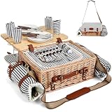 Multifunctional Wicker Picnic Basket Set for 4 with Blanket and Picnic Table, Insulated Picnic Set with Full...