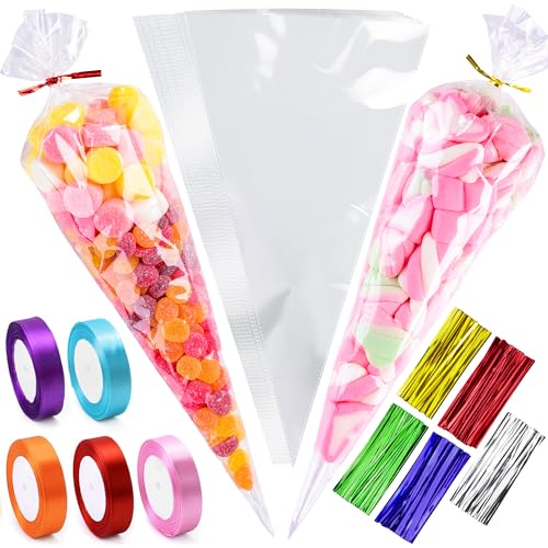 14x26cm Sweet Cone Bags with Twist Ties and Ribbons 100Pcs Cellophane Crystal Clear Sweet bags Triangle Sweet Party Cones Bags Perfect for Halloween Christmas Candies and many more