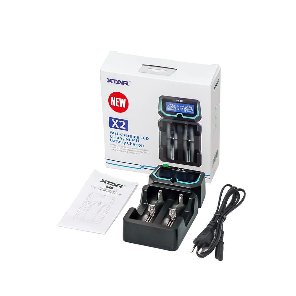 XTAR X2 Chargeur Protégé pour Batterie 20700 21700 avec Écran LCD 2A - Port AC DC 2 Compartiments 18650 et Mural pour 3.6V 3.7V 14500 16340 1.2V AAA C D