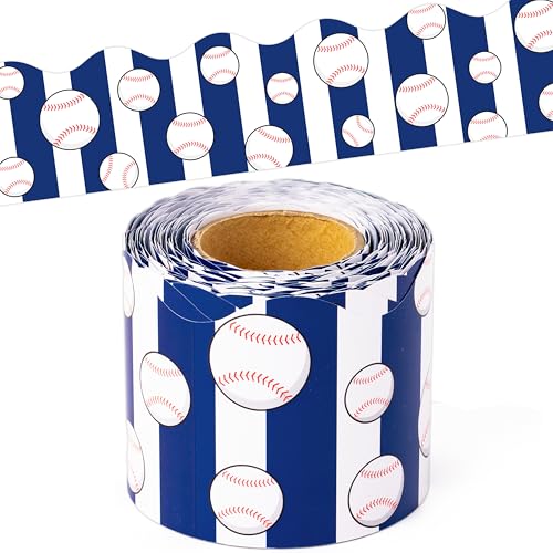 Image of BeYumi Baseball Sport Border Trim - 65ft Back to School Baseball Sport Blue White Stripe Scalloped Rolled Border Trim Ball Sports Theme Bulletin Board Set Party School Classroom Chalkboard Wall Decor