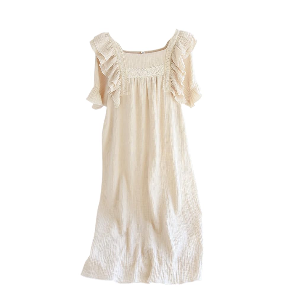 Camisón para Mujer - Camisón De Verano para Mujer, Vestido Largo De Algodón Crepé con Manga De Hoja De Loto, Camisón De Manga Corta De Estilo Palaciego, Falda para El Hogar