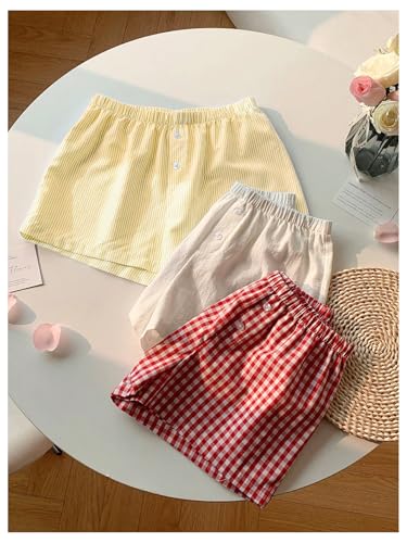 Image of MakeMeChic Women's 3 Pack Linen Shorts Gingham Striped Beach Shorts | Summer, Plaid, Cover Up Shorts