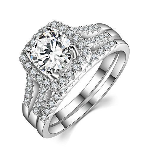 Caperci Solid Sterling Silver 2 Carat Cubic Zirconia Halo Wedding Band Engagement Ring Bridal Sets Size 7