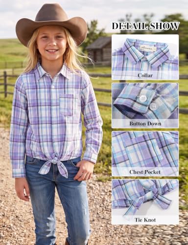 Image of Noomelfish Girls Long Sleeve Button Down Shirt Tie Front Western Tops Cowgirl Outfit (5-14 Years)