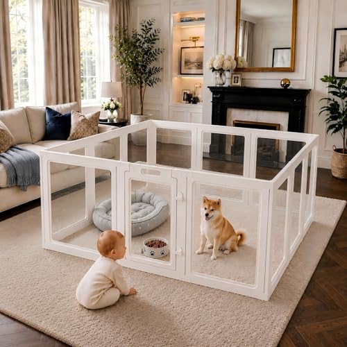 Image of EVERFRONT Clear Acrylic Dog Playpen - Clear Dog Play Pen - Easy Assemble Acrylic Dog Playpen - Puppy Playpen, Cat Playpen, Small Animal Playpen, Dog Play Pen Indoors (24 inch, 12-Pack)