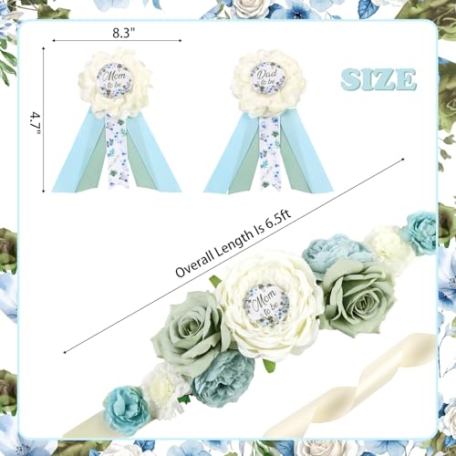 Image of Dusty Blue Sage Green Baby Shower Maternity Sash Kit, Greenery Gender Reveal Belly Belt and Mom to Be Dad to Be Corsage Pins, New Parents Pregnancy Announcement Photo Props Party Supplies