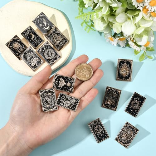 Image of SUNNYCLUE 1 Box 14Pcs 14 Styles Tarot Card Enamel Pins Gothic Brooch Pin Black Alloy Divination Cards Themed Sun Moon Star Lapel Badge Brooches Set for Backpacks Bags Clothing Decoration Accessories