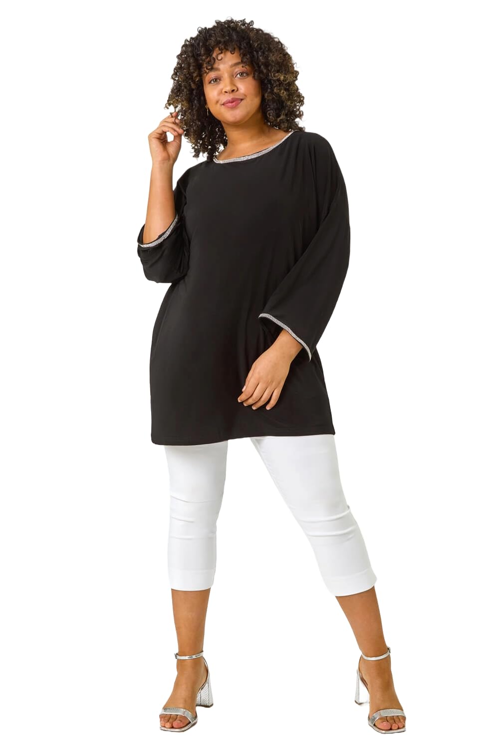 Roman Curve Women's Black Diamante Trim Stretch Top Size 18