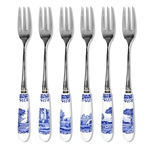 Spode Blue Italian Collection Pastry Forks, Set of Six, Stainless Steel Fork, Porcelain Handle, 6-Inch Salad, Spaghetti, Appetizer, and Dessert Fork, Hand Wash