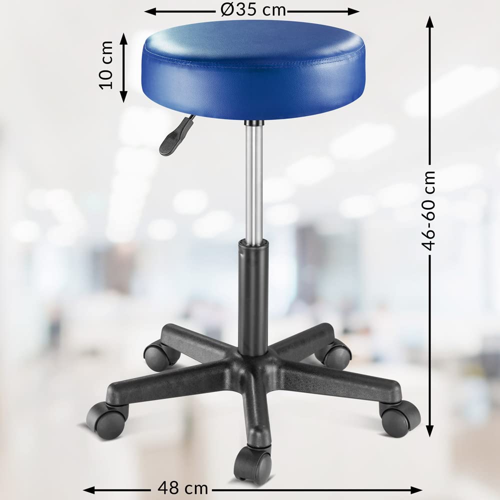 CASARIA® 2X Taburete Oficina Giratorio 360° Redondo Ø 35cm con Ruedas Silla Escritorio Trabajo Altura Regulable 46-60cm Acolchado 10cm Resistente Azul