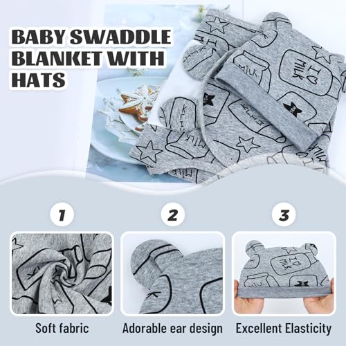 Image of Cinaci 2 Pack Adjustable Soft Cotton Blend Newborn Baby Receiving Swaddle Blankets Sleep Sacks with Nursery Hats Caps Beanies Bonnets for Baby Girls Boys Newborns Infants