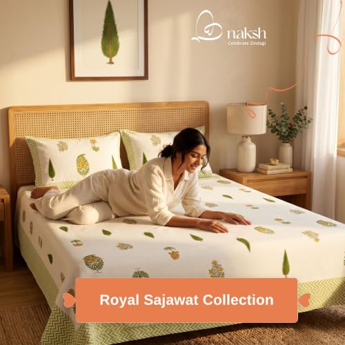 Image of Naksh Bedsheet for Double Bed King Size Minimal Botanical Print 2 Pillow Covers | Minimal Botanical Print in Bedsheet Double Bed | Fresh Contemporary King Bed Design | Royal Sajawat Collection |